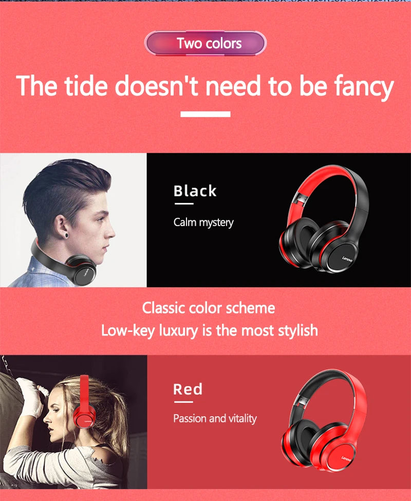 Lenovo HD200 Bluetooth Headphones, Noise Cancelling, Foldable Wireless Headphones