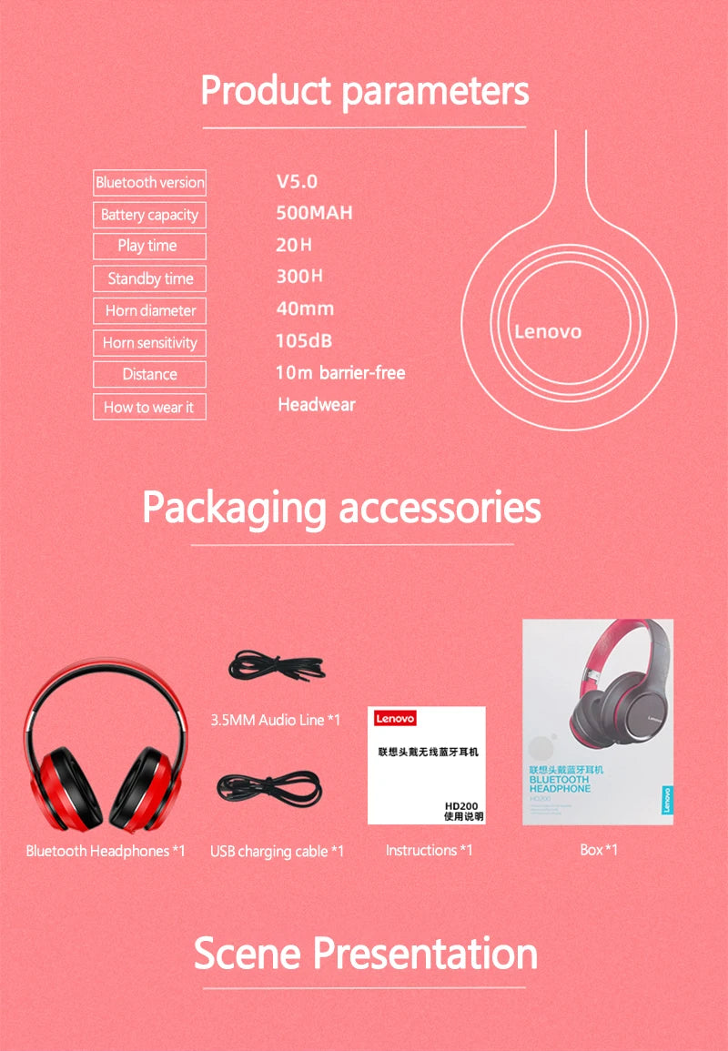 Lenovo HD200 Bluetooth Headphones, Noise Cancelling, Foldable Wireless Headphones