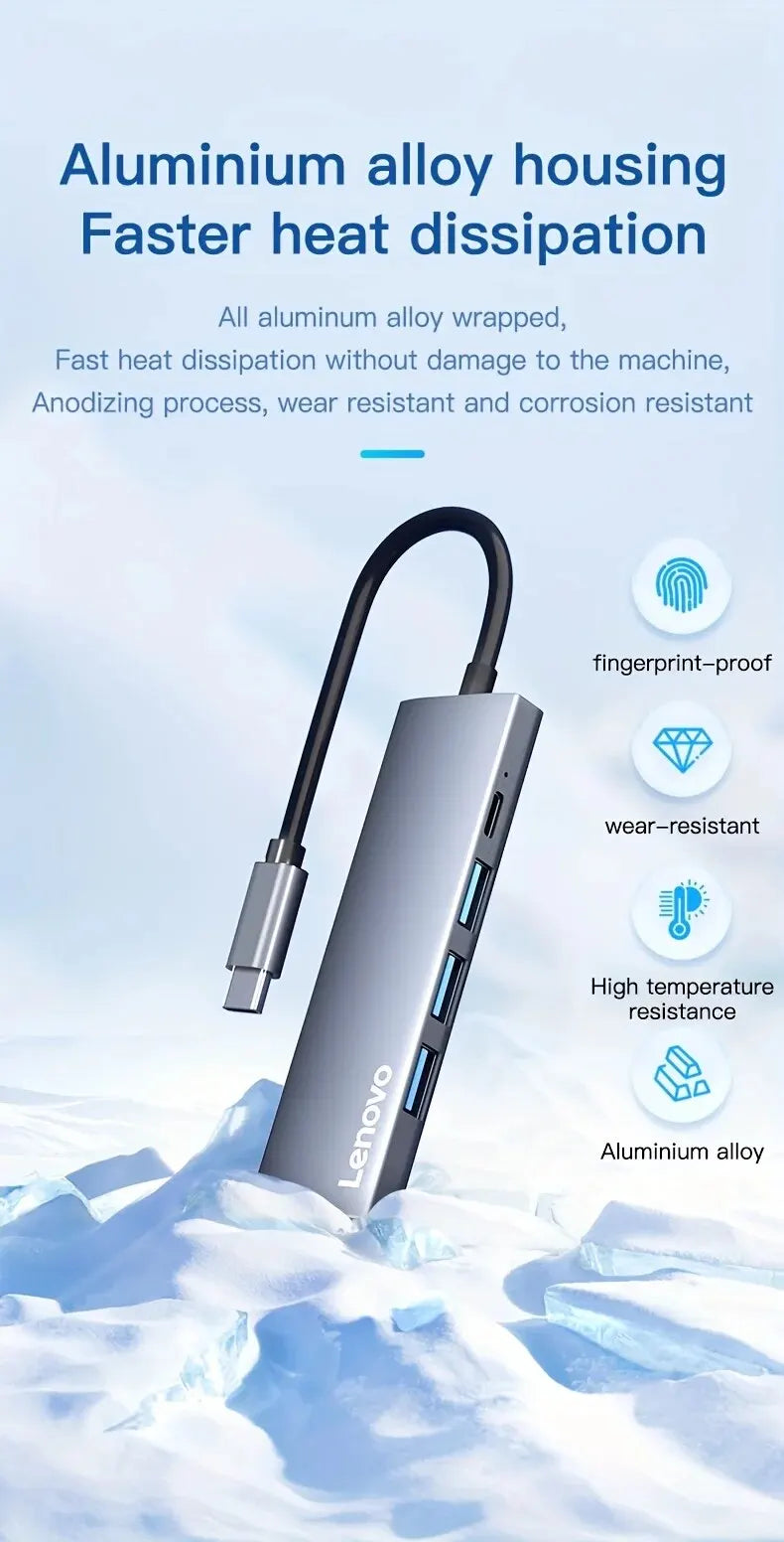 Lenovo 5-in-1 USB C Hub with 4K HDMI, 100W Power Delivery, 3 USB-A Data Ports, for MacBook Pro/Air