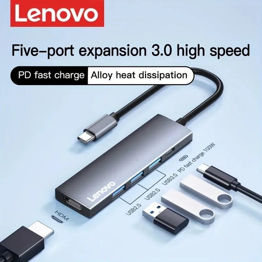 Lenovo 5-in-1 USB C Hub with 4K HDMI, 100W Power Delivery, 3 USB-A Data Ports, for MacBook Pro/Air