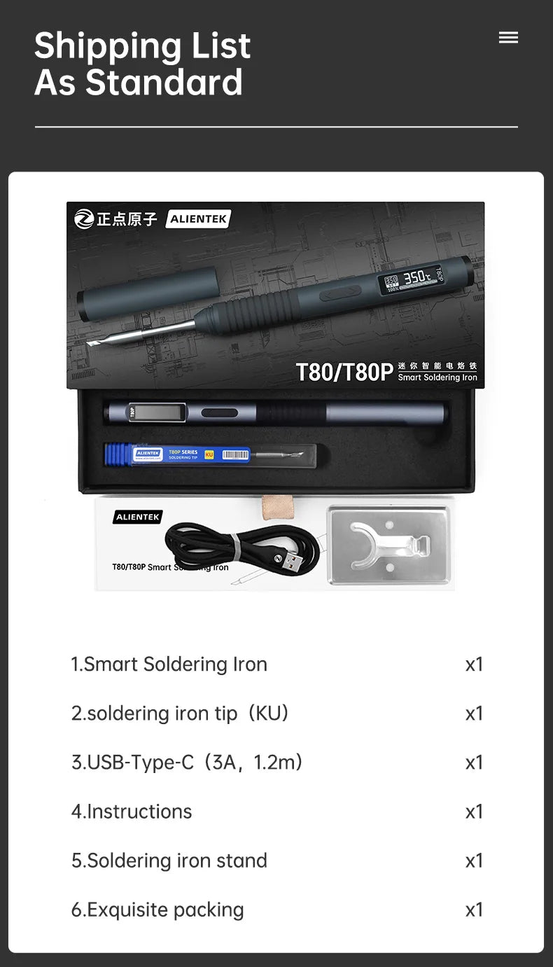 PD 65W Smart Soldering Iron, Portable Smart Soldering Iron Kit, ALIENTEK T80 T80P