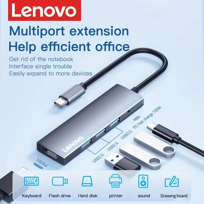 Lenovo 5-in-1 USB C Hub with 4K HDMI, 100W Power Delivery, 3 USB-A Data Ports, for MacBook Pro/Air